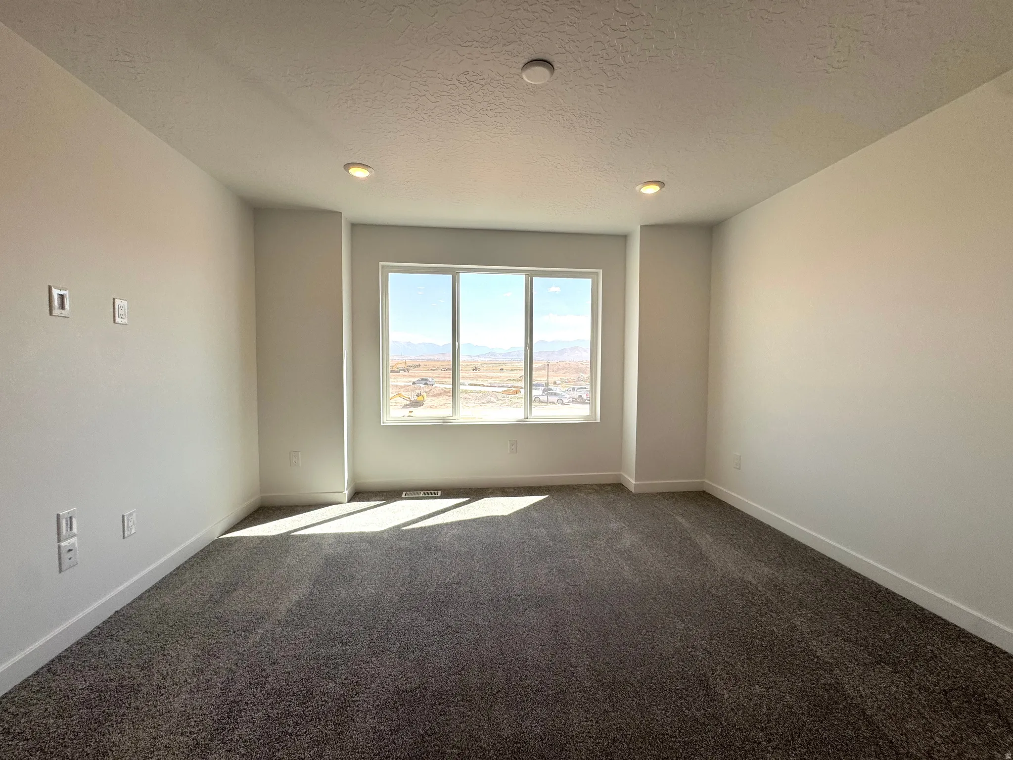 Spacious primary bedroom featuring a large multi-pane window, recessed lighting, neutral carpet flooring, white baseboards, and light-colored walls