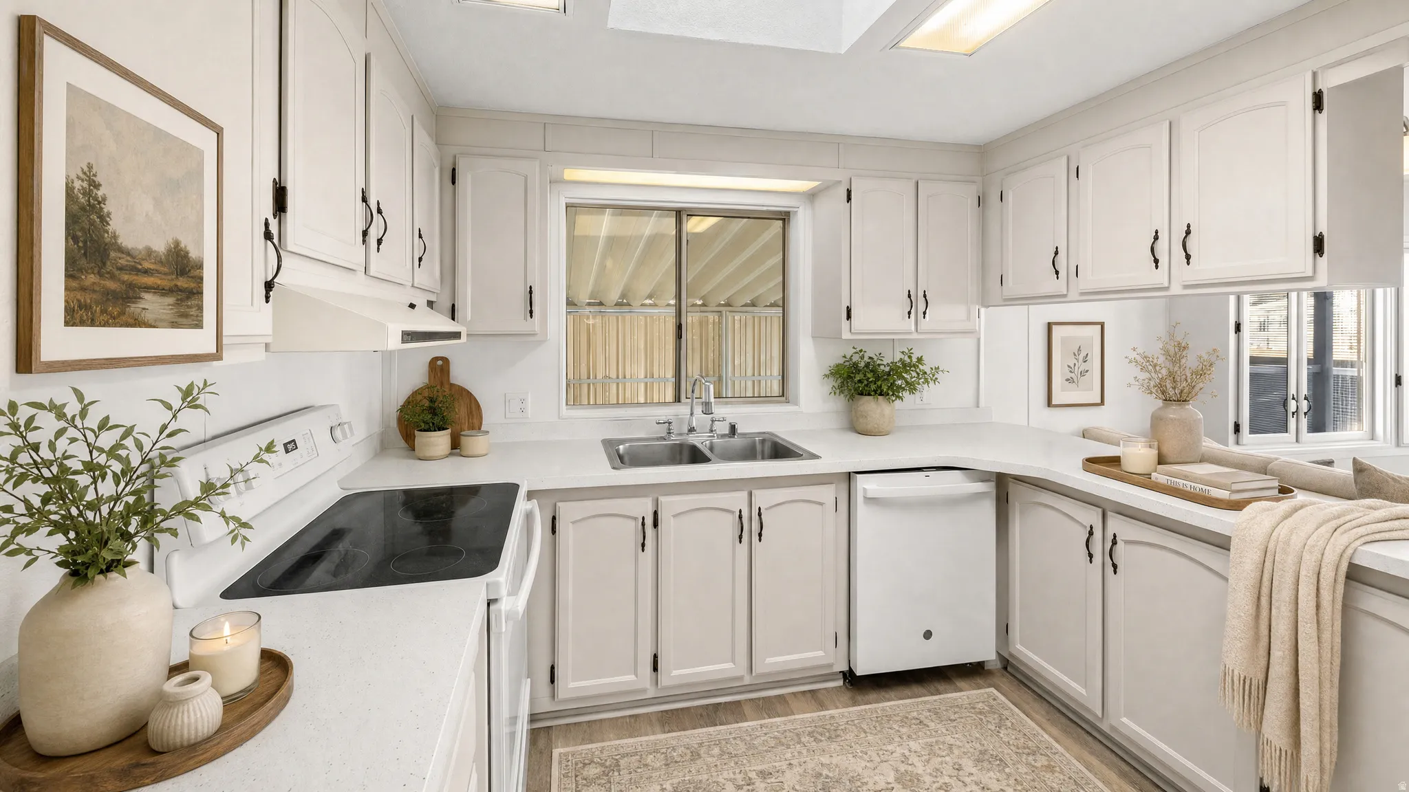 Kitchen featuring white cabinetry, light-toned countertops, a stainless steel double basin sink, an electric range, and a built-in dishwasher