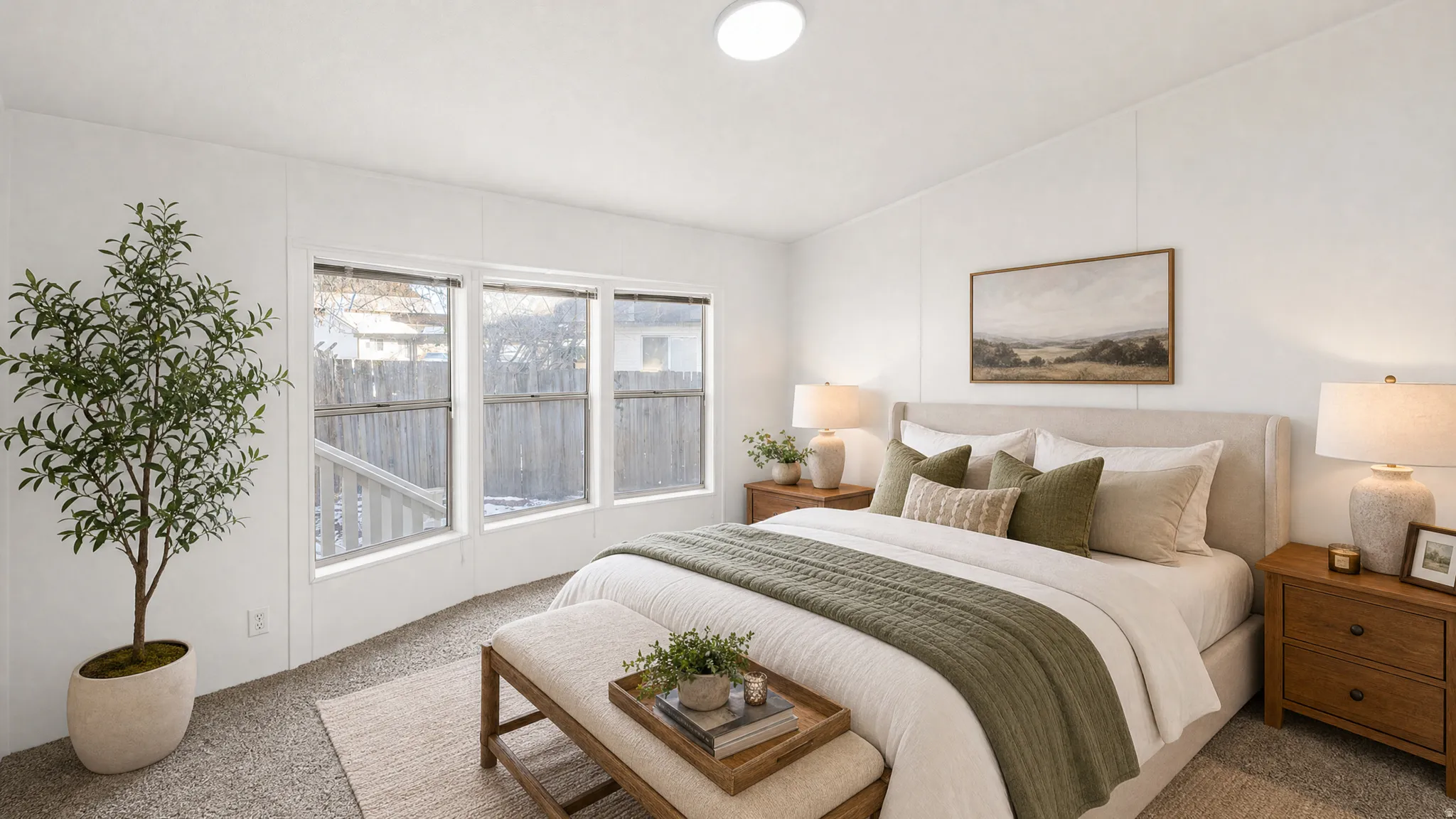 Bright room featuring a series of three windows, light-colored walls, recessed ceiling lighting, and carpet flooring