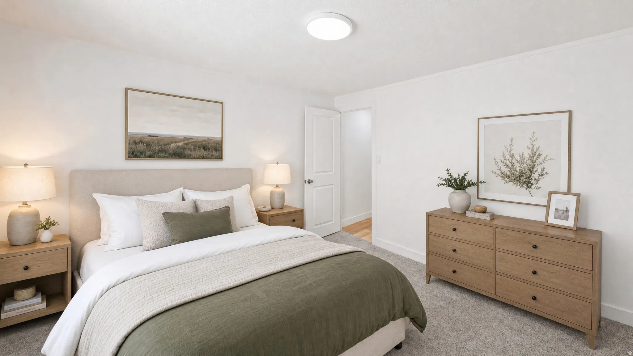 Bedroom featuring a neutral color palette, plush carpet flooring, white painted walls, a white ceiling, and a flush-mount ceiling light