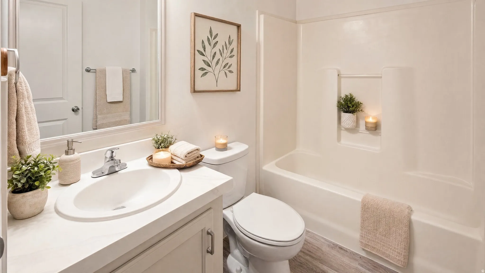 Full bathroom featuring a white vanity with an undermount sink, chrome faucet, and integrated countertop