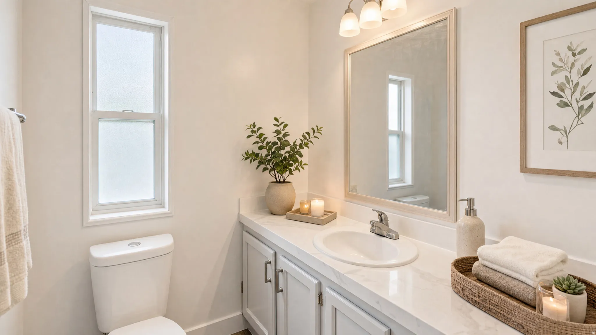 Bathroom featuring a single vanity with a white countertop, an integrated sink, and white cabinetry