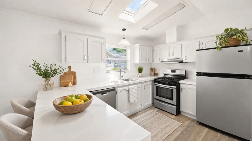 Kitchen featuring white cabinetry, light-colored countertops, wood-finish flooring, stainless steel appliances, and a skylight