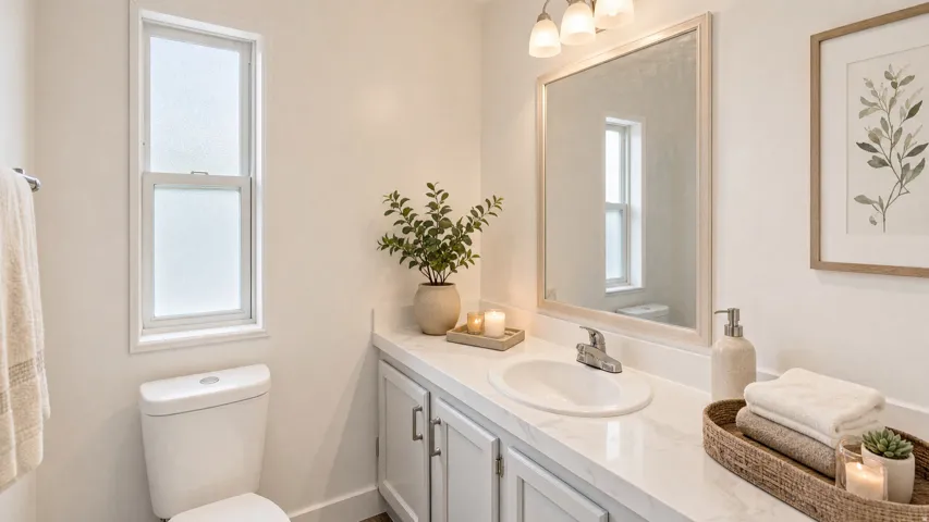 Bathroom featuring a single vanity with a white countertop, an integrated sink, and white cabinetry