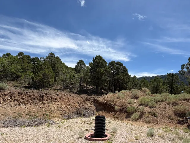 Expansive natural landscape featuring a blue sky with cirrus clouds, mature evergreen trees, varied terrain, and a gravel area with a circular brick-lined utility access point