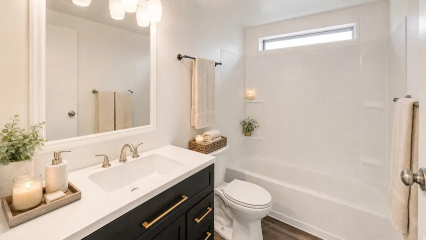 Contemporary bathroom featuring a dark vanity with gold-tone hardware, a white countertop with an integrated sink, and a framed mirror