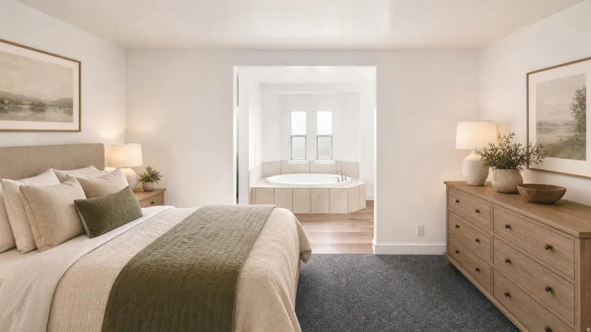 Bedroom space featuring gray carpeting and an open archway to an en-suite bathroom with a built-in jetted tub, tiled surround, and wood-finish flooring