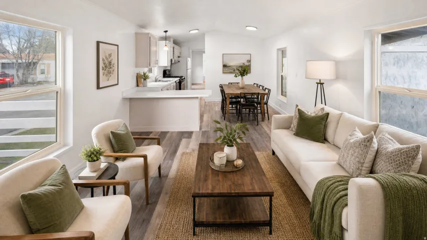 Open-concept living space featuring wood-finish flooring, recessed lighting, a breakfast bar with a light-toned countertop, and light-colored cabinetry