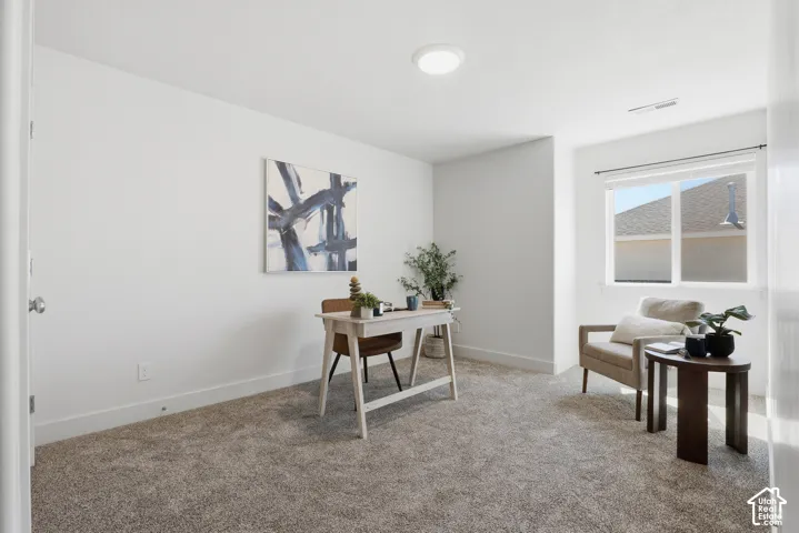 Spacious room featuring neutral carpeting, white walls, a single window, and a flush-mount ceiling light