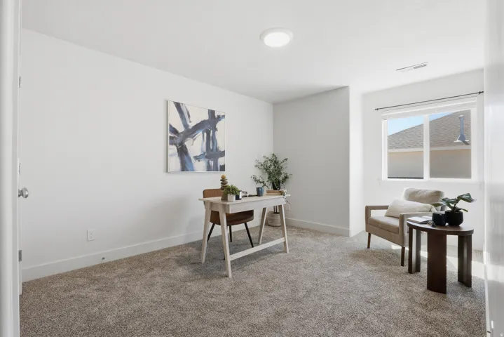 Spacious room featuring neutral carpeting, white walls, a single window, and a flush-mount ceiling light