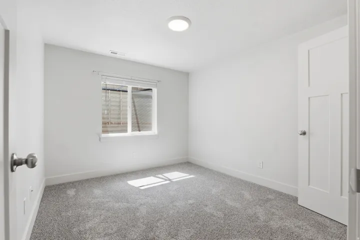 Light-filled room featuring neutral-toned carpet flooring and a contemporary overhead light fixture