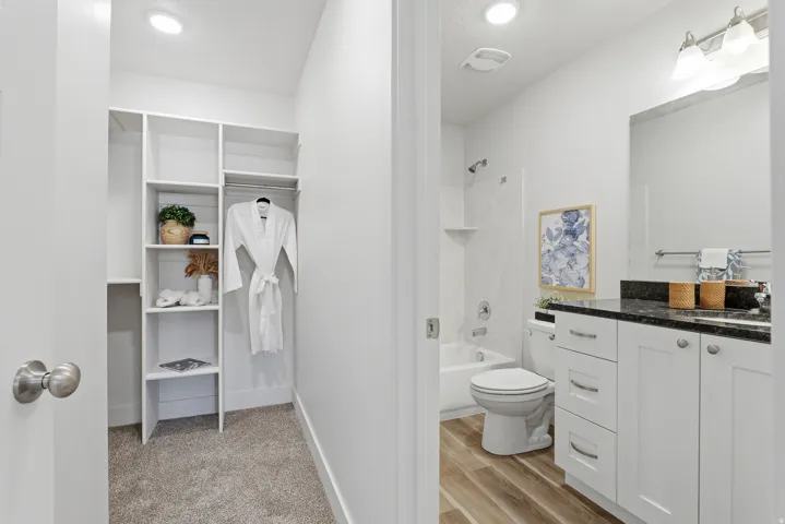 Walk-in closet with built-in shelving and hanging rod