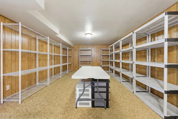 Dedicated storage room featuring extensive shelving units, wood-paneled walls, and carpet flooring