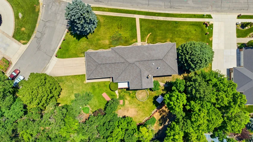 Overhead property view featuring a gabled roofline, expansive surrounding greenery, mature trees, a defined driveway, and a paved street