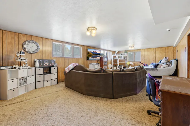 Spacious lower-level room featuring wood paneling, light-colored carpeting, multiple windows, and overhead lighting fixtures