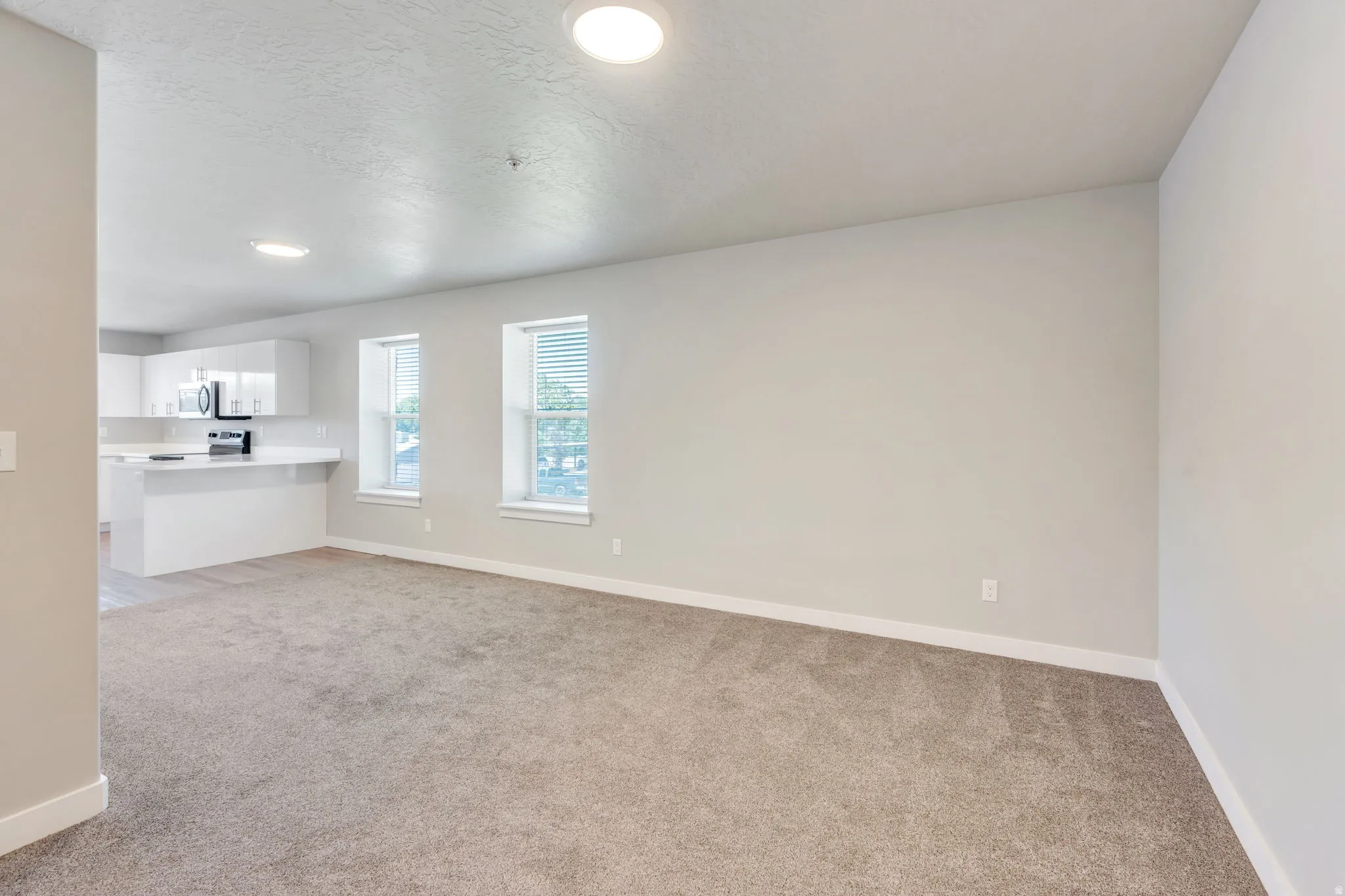 Open-concept living space featuring neutral-toned carpeting, light gray walls, and white trim