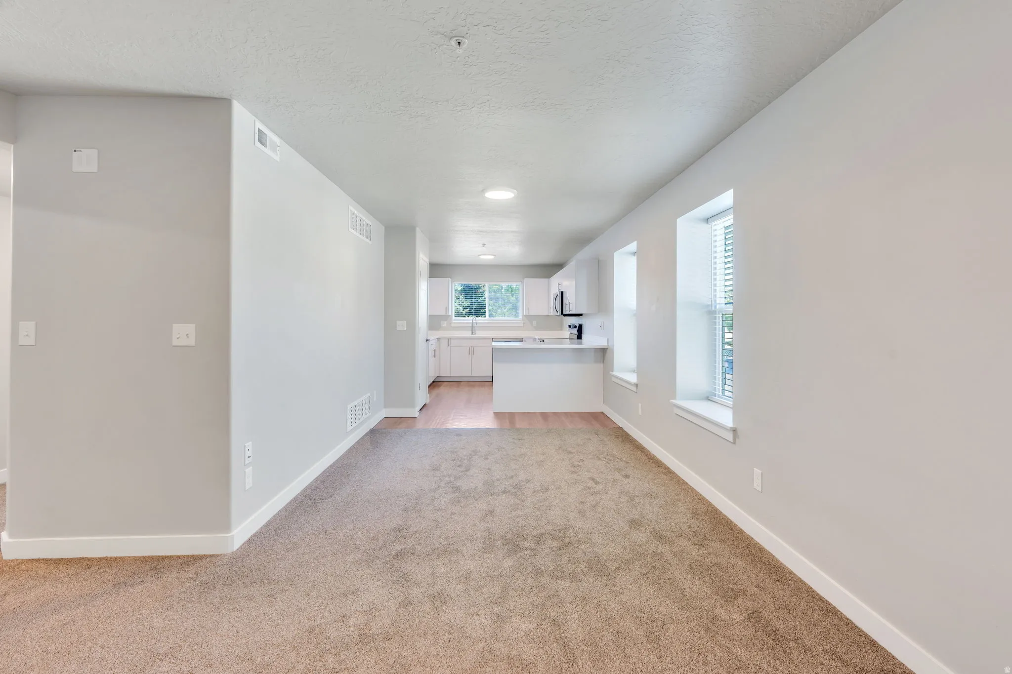 Open concept living space featuring neutral carpeting and light gray walls
