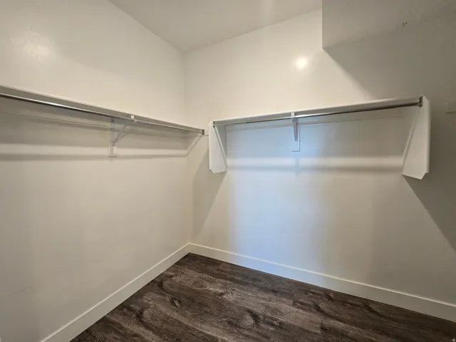 Spacious walk-in closet featuring white walls, white trim, and dark wood-finish flooring