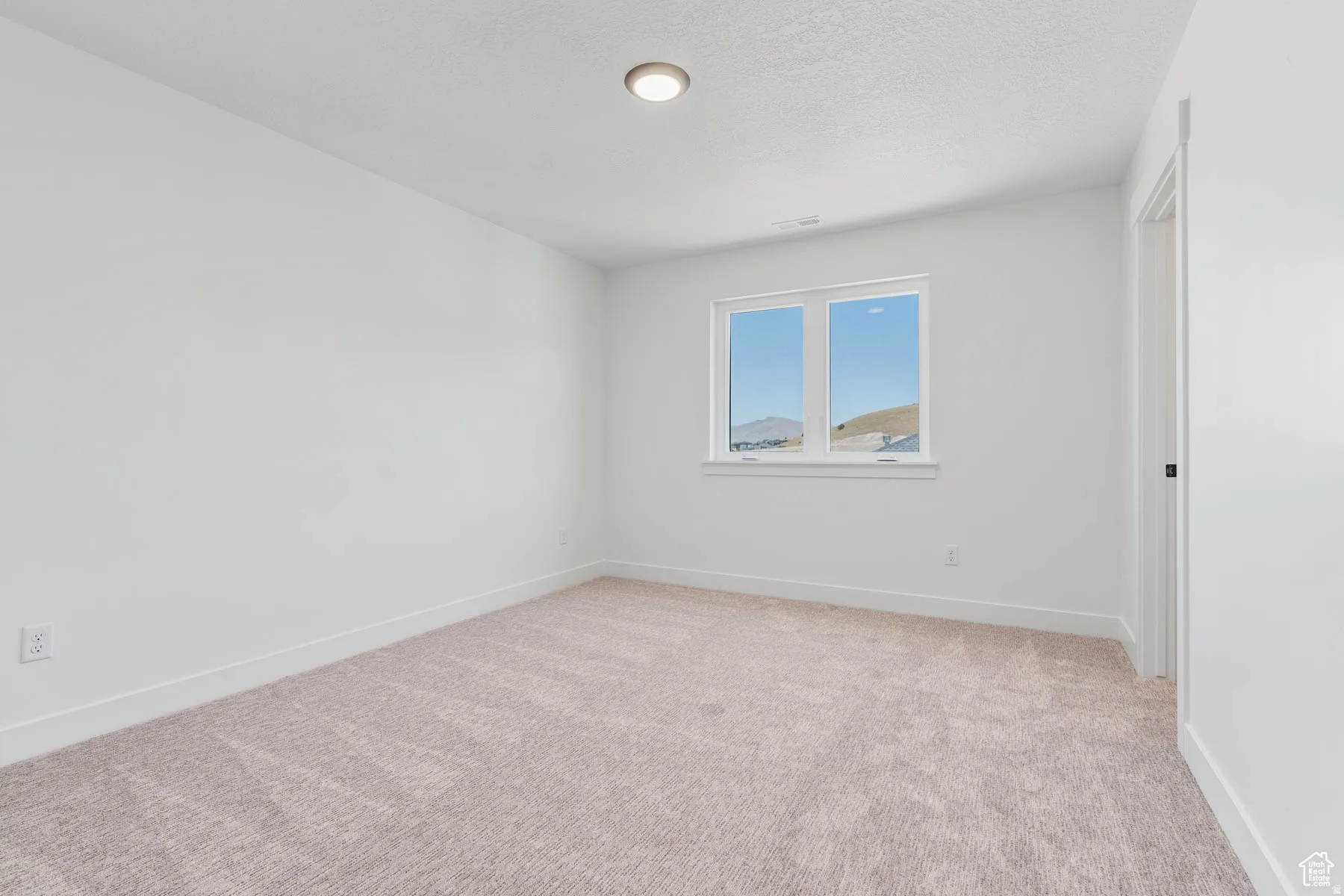 Neutral wall finishes featuring a window with a mountain backdrop, complemented by light-toned carpeting and white baseboards