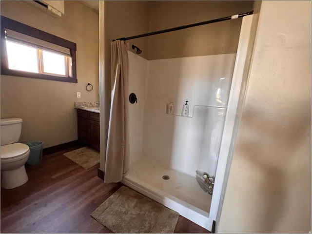 Bathroom featuring a stand-up shower with a dark bronze fixture, a vanity with a granite-style countertop, dark wood-finish cabinetry, and wood-finish flooring