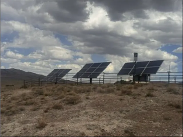 Three ground-mounted solar panel arrays within a fenced enclosure