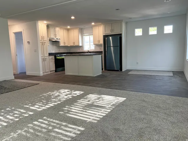 Open-concept interior featuring light gray carpeting and dark wood-finish flooring