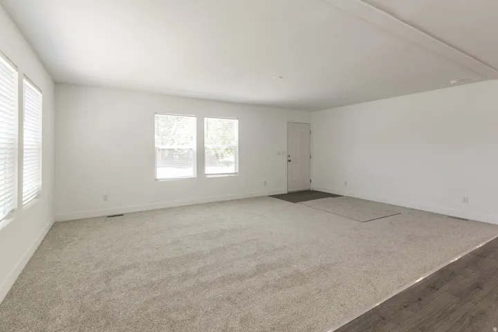Spacious room featuring light-colored carpeting and a contrasting wood-finish flooring section