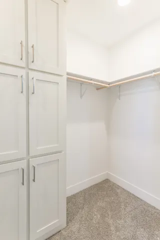 Walk-in closet featuring built-in white shaker cabinetry, brushed nickel hardware, light wood-finish shelving, and plush carpet flooring