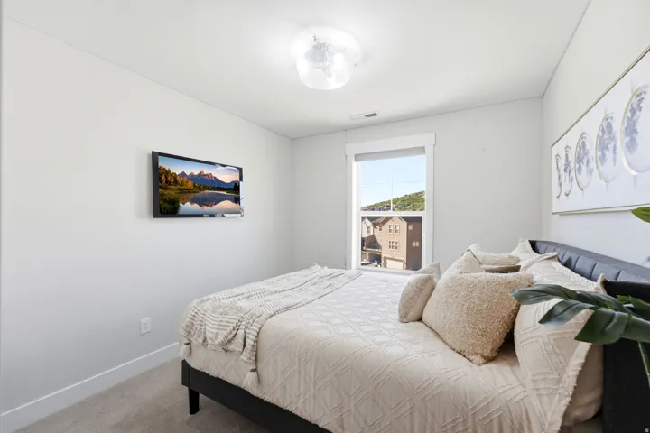 Bedroom featuring wall-mounted television, light gray carpeting, and a window with white trim