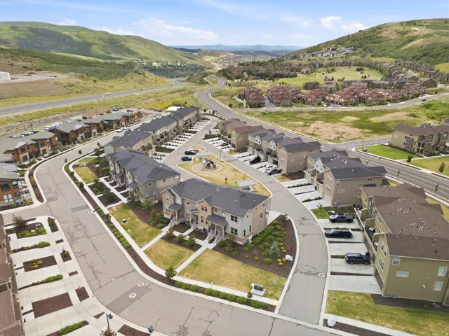 Aerial perspective showcasing a residential community with varied architectural styles