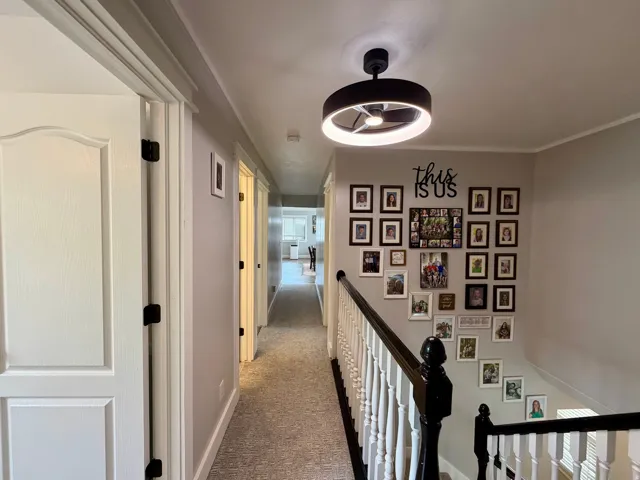 Hallway featuring carpeted flooring and white trim