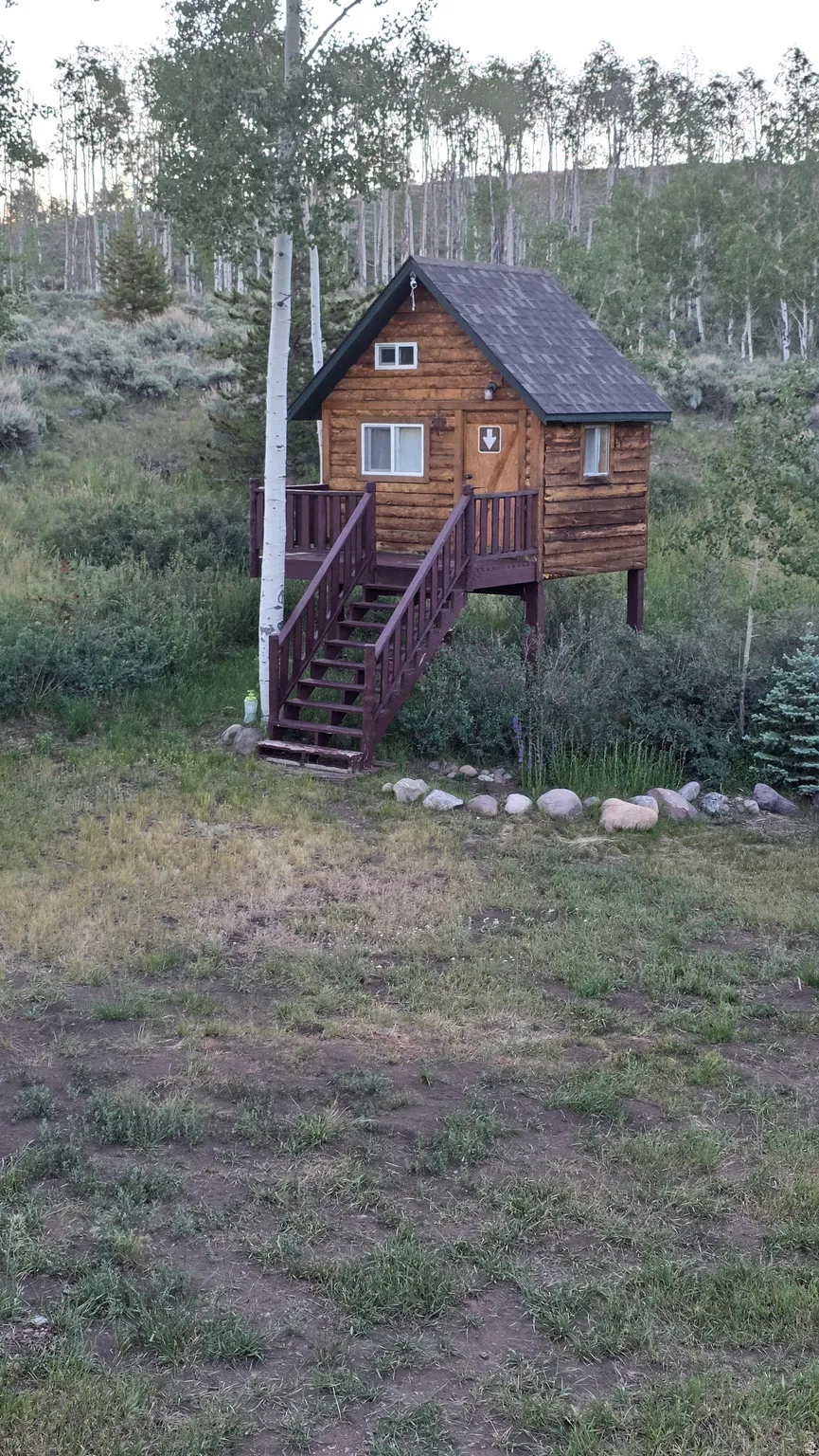 Log cabin structure featuring a dark shingle roof, a front porch with dark wood railings, and a matching dark wood exterior staircase