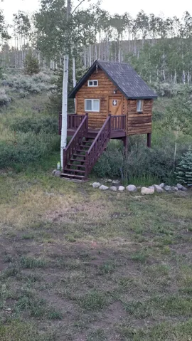 Log cabin structure featuring a dark shingle roof, a front porch with dark wood railings, and a matching dark wood exterior staircase