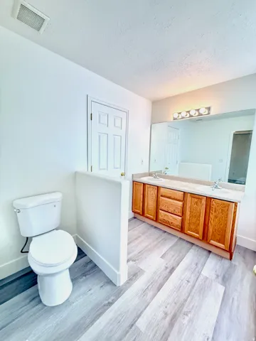 Wood-finish flooring throughout, featuring a double vanity with an integrated countertop, a separate toilet, a vanity light fixture, and a full wall mirror