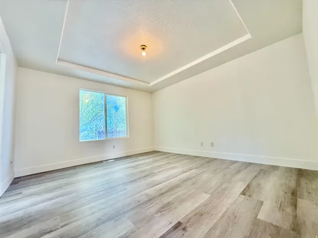 Spacious room featuring a tray ceiling with recessed lighting, wood-finish flooring, and white baseboards