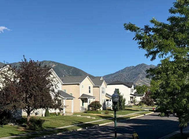 Mountain backdrop with residential street featuring manicured lawns, mature trees, and street lighting