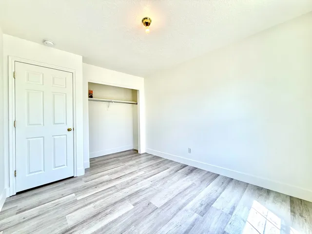 Room featuring light wood-finish flooring, white walls, and a built-in closet with shelving and hanging rod