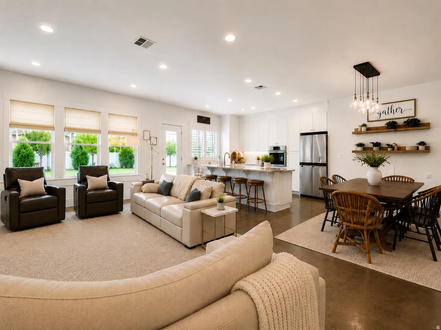 Open-concept living space featuring a carpeted living area, a dining area and a kitchen with stainless steel appliances