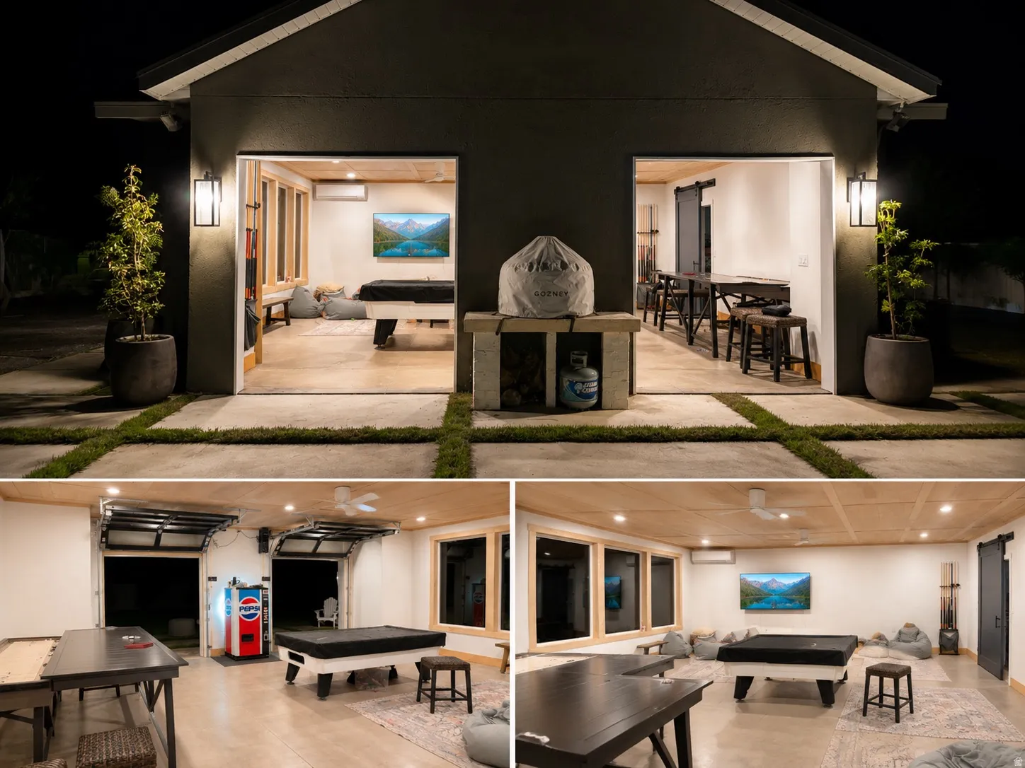 Property Image. Depicting a structure with interior and exterior views at nighttime