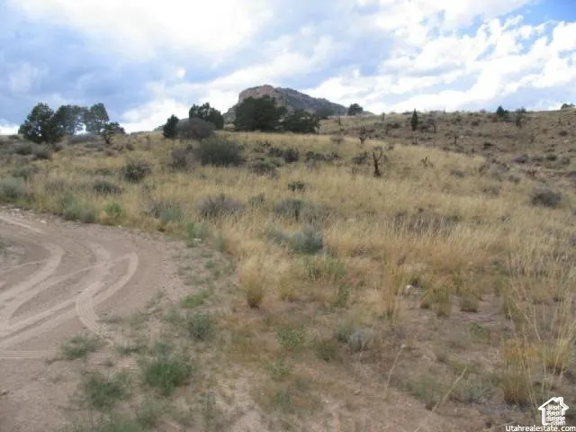 Expansive hillside property featuring natural vegetation, distant rock formations, mature trees, and a visible dirt path