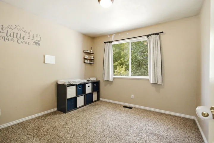 Carpeted room featuring a single window with curtain rods, light-colored walls, and white trim