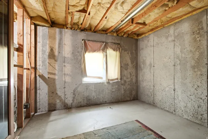 Unfinished basement space featuring exposed concrete walls, a concrete floor, and an exposed wood joist ceiling with visible insulation and a metal conduit