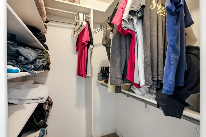 Walk-in closet featuring white built-in shelving, white walls, and a carpeted floor