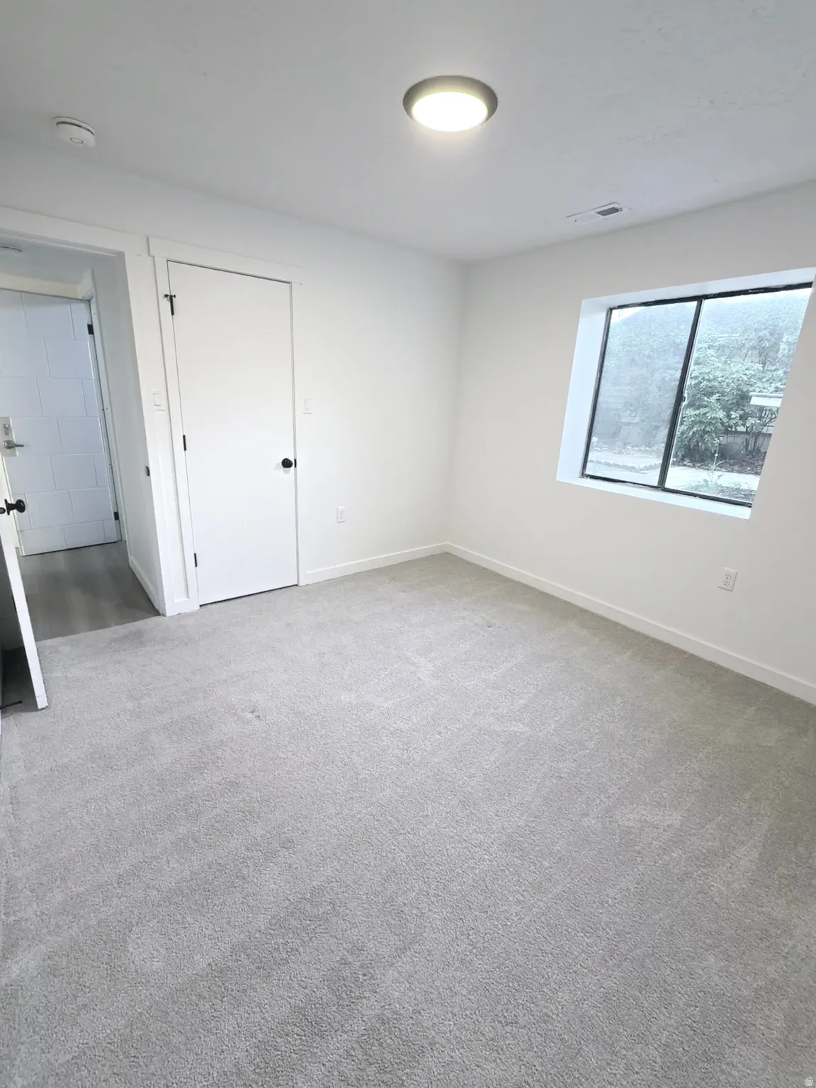 Bright interior space featuring light gray carpeting and white walls