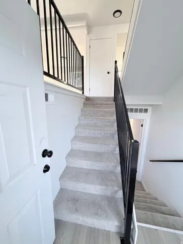 Carpeted staircase with black iron railings, a white paneled door, and wood-finish flooring