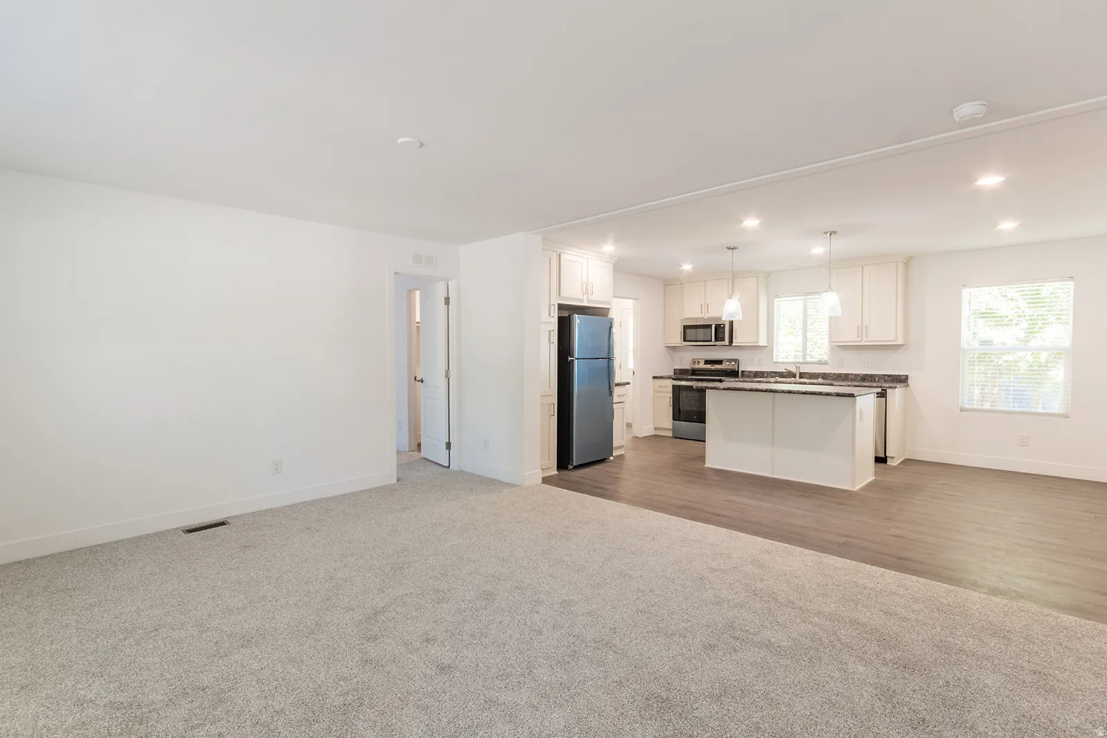 Open-concept living area with light gray carpeting and wood-finish flooring