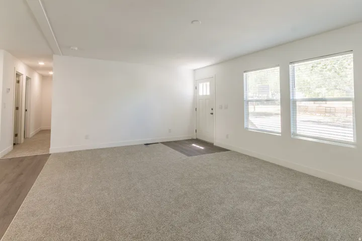 Spacious room with light gray carpet and wood-finish flooring