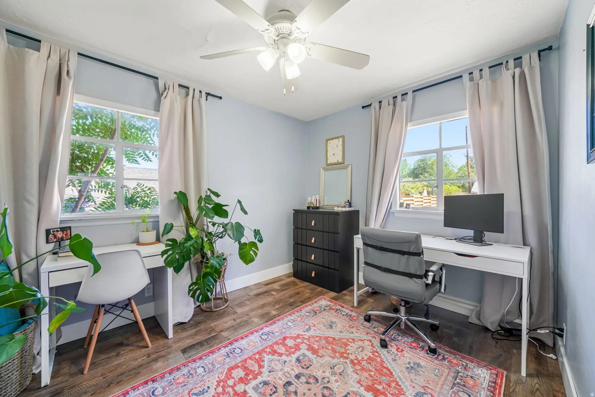 Room with wood-finish flooring, light blue walls, and a white ceiling fan