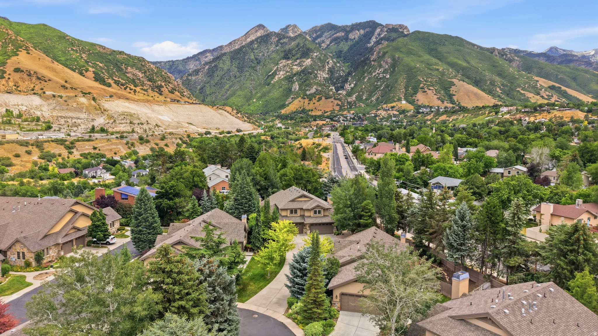 Expansive mountain landscape frames a residential area with mature trees and varied architectural styles