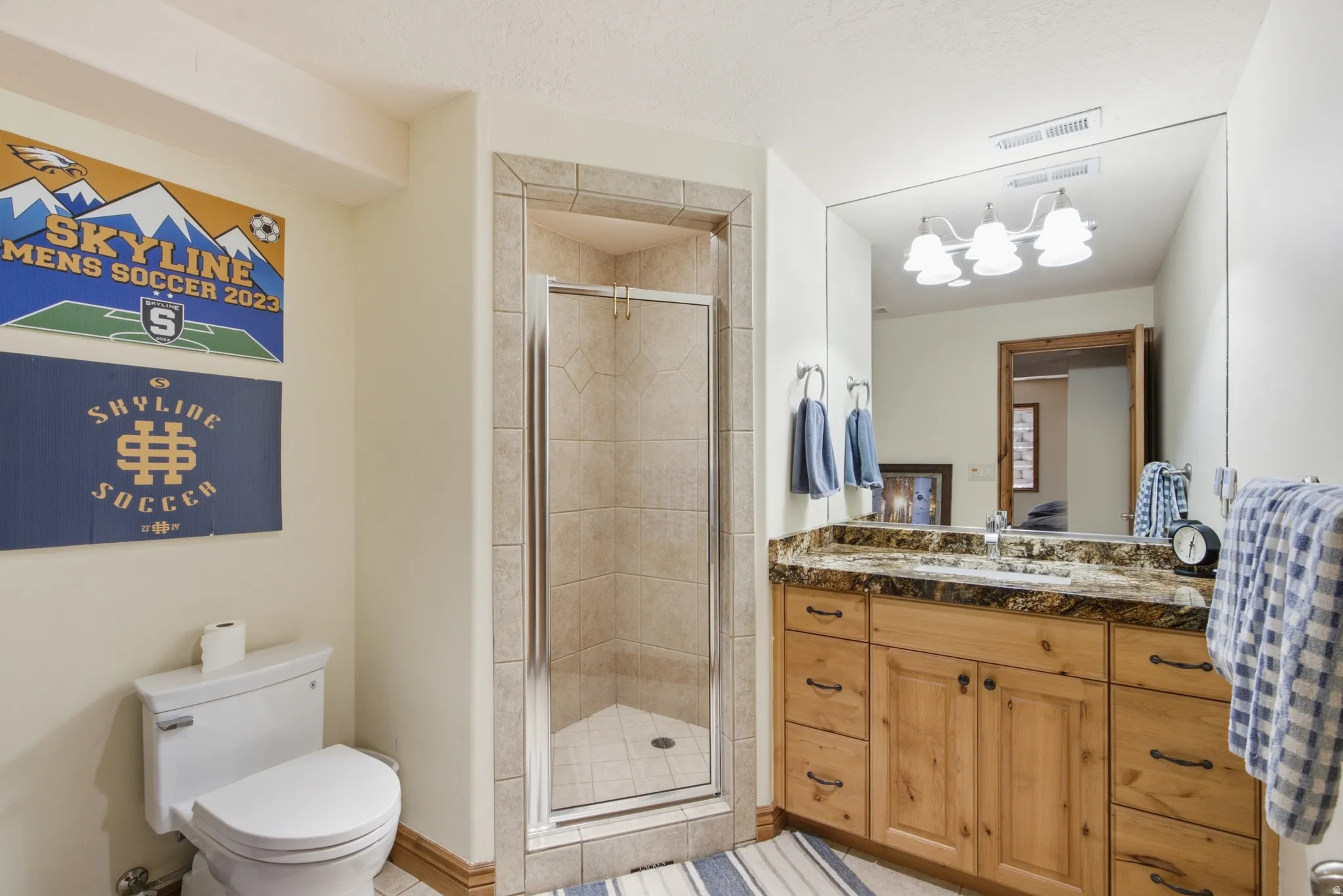 Full bathroom featuring a walk-in shower with glass enclosure, a wood-finish vanity with an integrated sink and stone-look countertop, a large wall-mounted mirror, and a white toilet